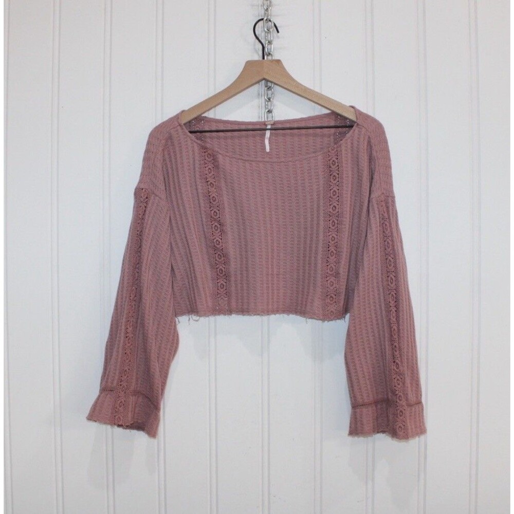 Free People Womens Waffle Knit Lace Crop Top Pink Boho Long Sleeve Textured S